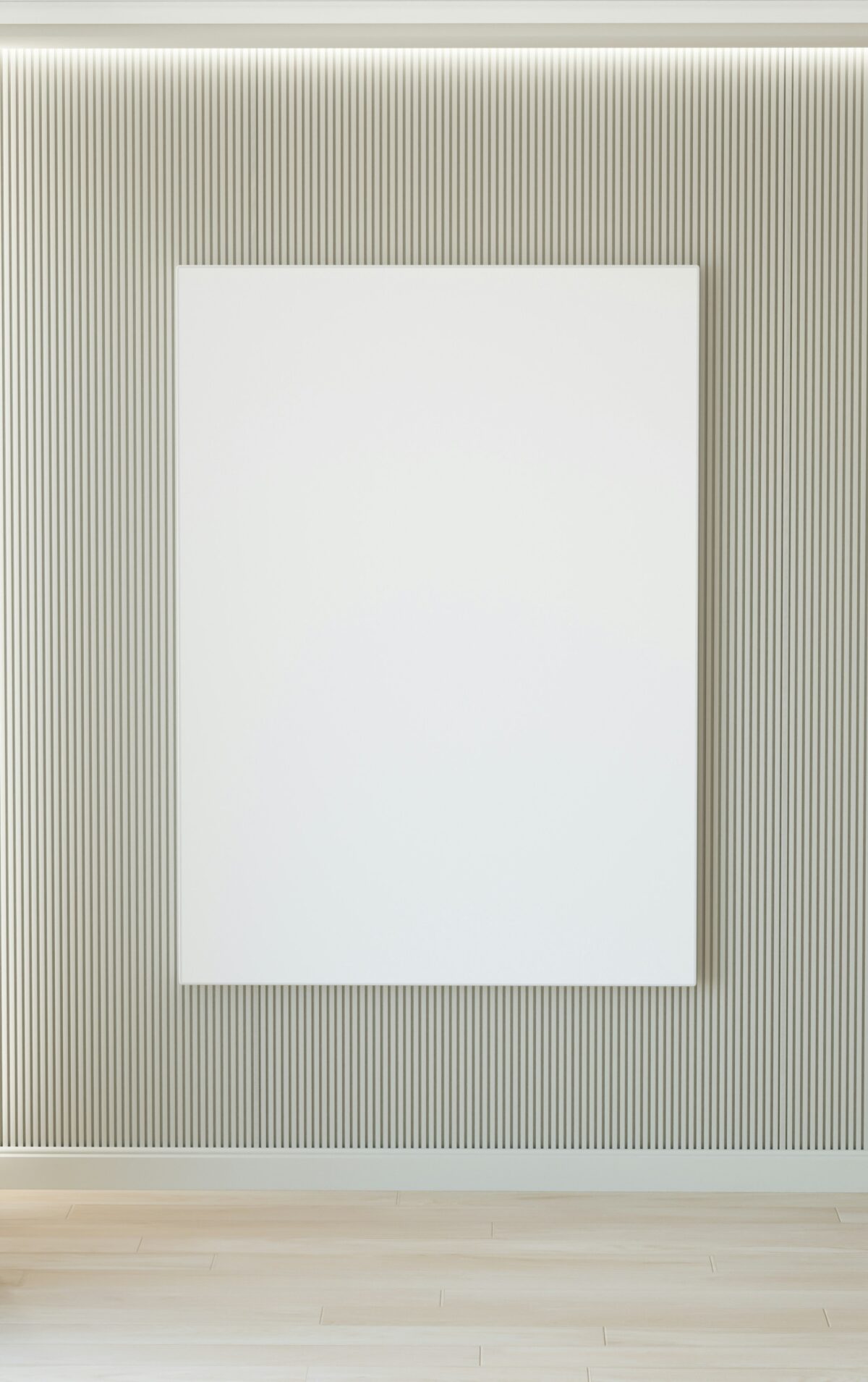Weißes rechteckiges Panel an einer hellen Rippenwand in einem modernen Innenraum, das einem Infrarot-Heizpaneel ähnelt